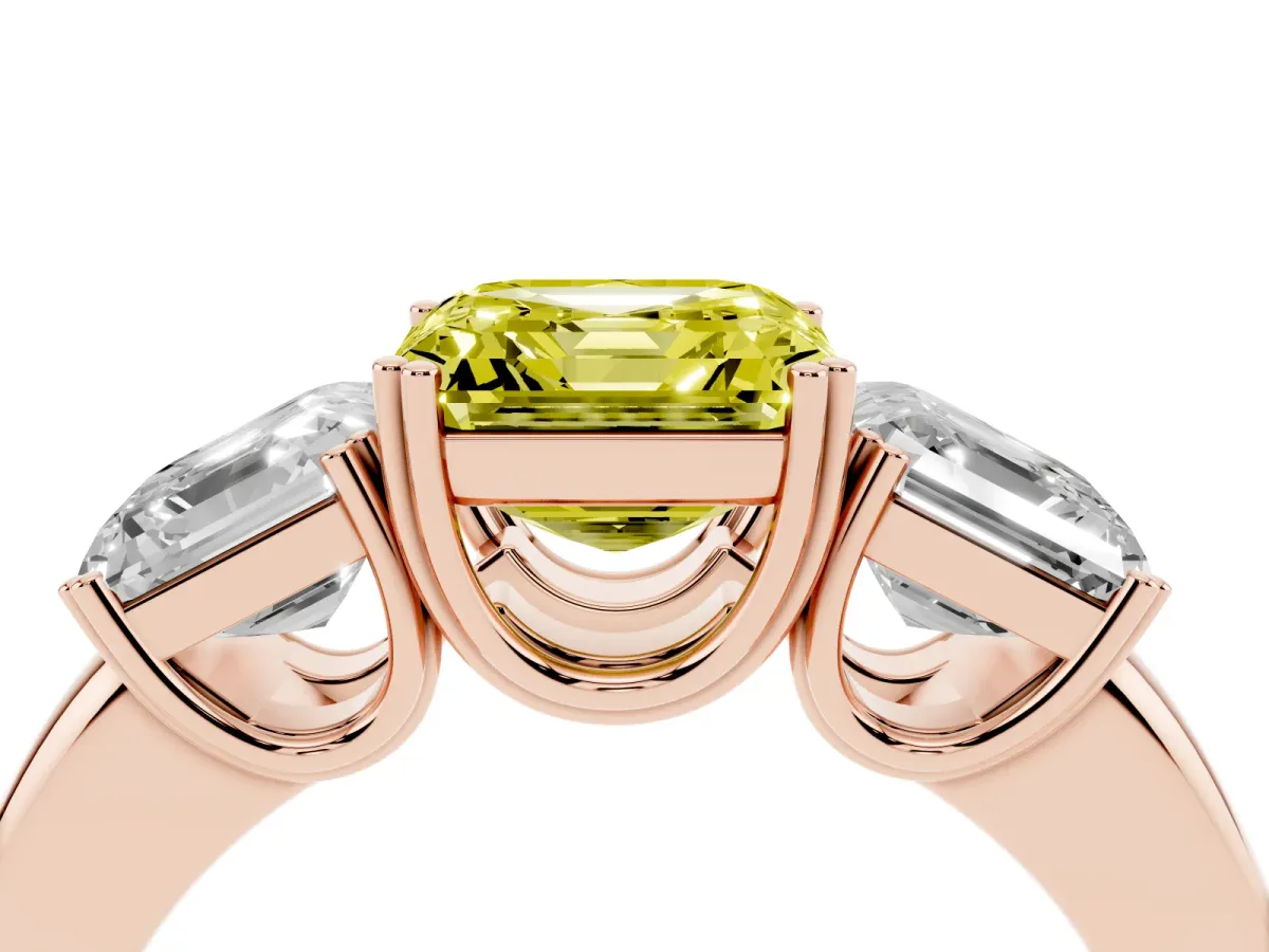 Fancy Yellow Three-Stone Asscher Cut Cut Diamond Ring with Channel Set Band and Four-Prong Setting Rose gold
