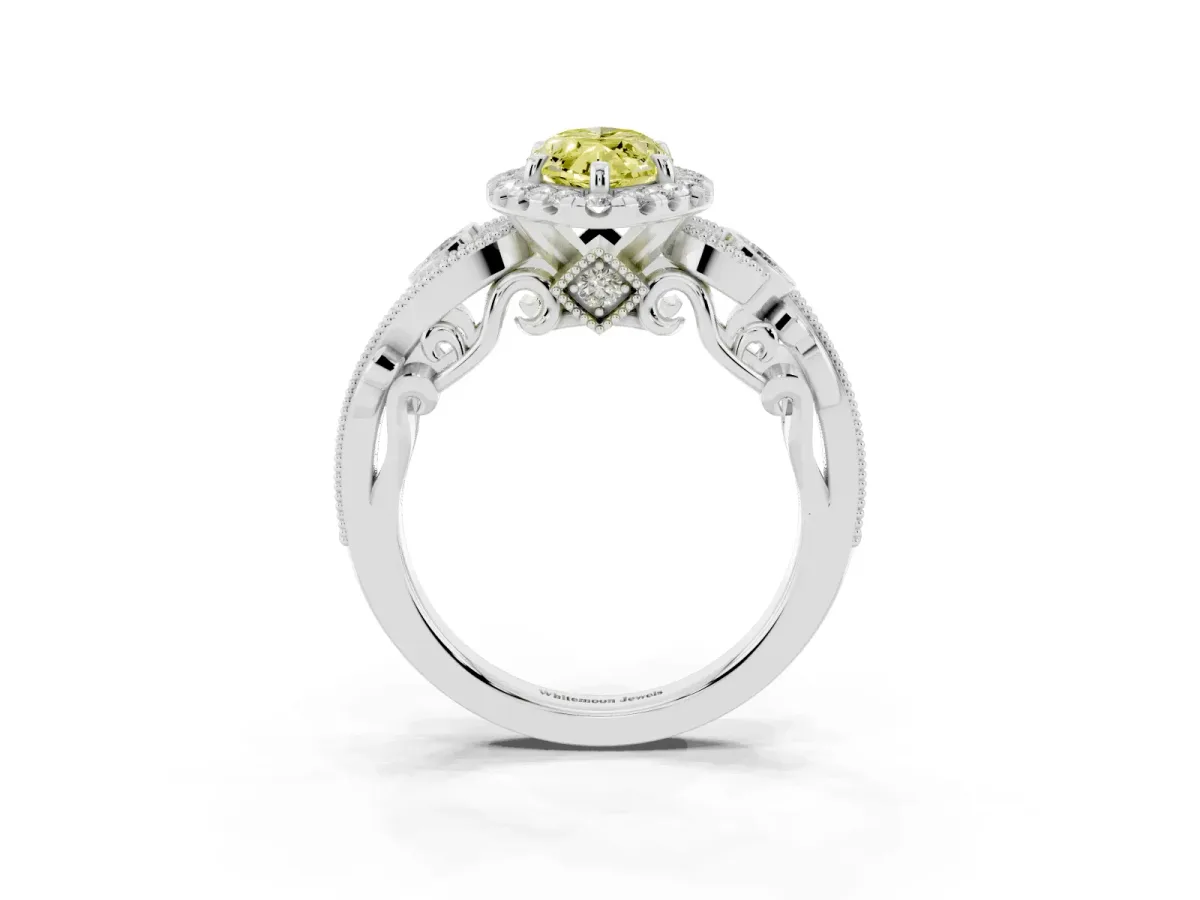 Fancy Yellow Marquise Cut Halo Diamond Ring with Milgrain and Bezel Accents on a Split Shank Band White gold
