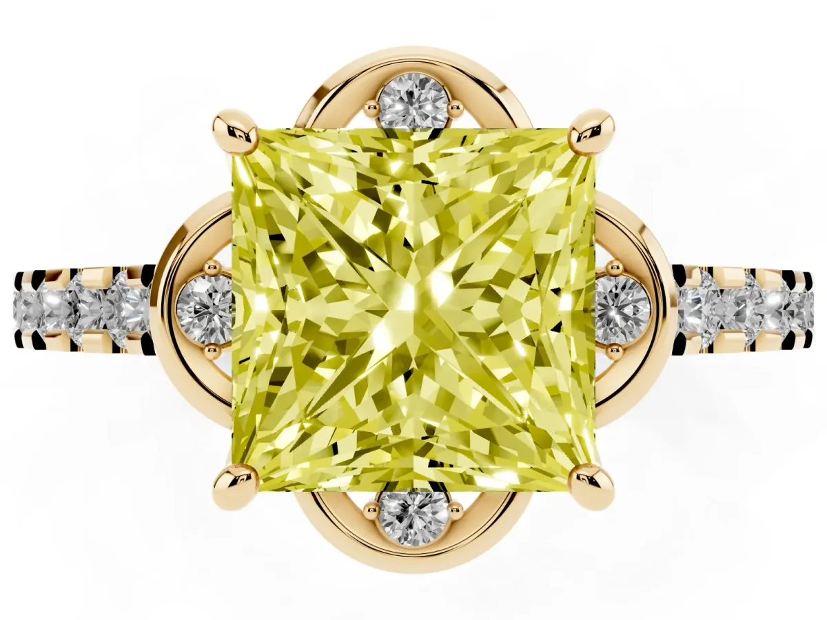 Fancy Yellow Princess Cut Diamond Ring with Pavé Band and Floral Prong Setting Yellow gold