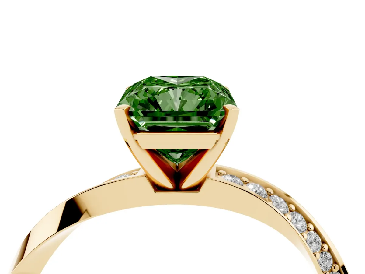 Fancy Green Radiant Cut Diamond Engagement Ring with Side Stone Accents and Four-Prong Setting Yellow gold
