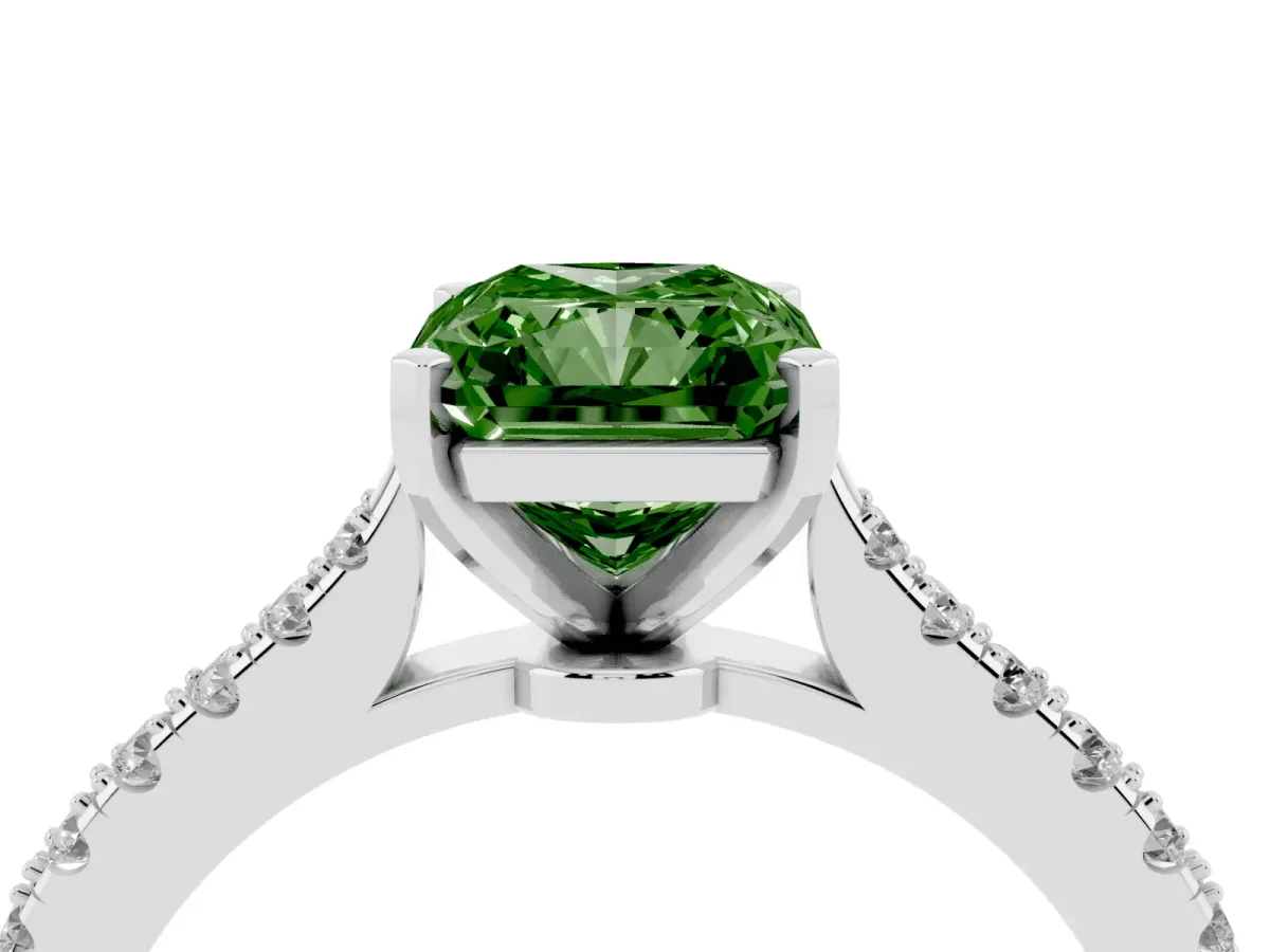 Fancy Green Radiant Cut Cut Solitaire Diamond Engagement Ring with Pave Band and Four-Prong Setting Platinum