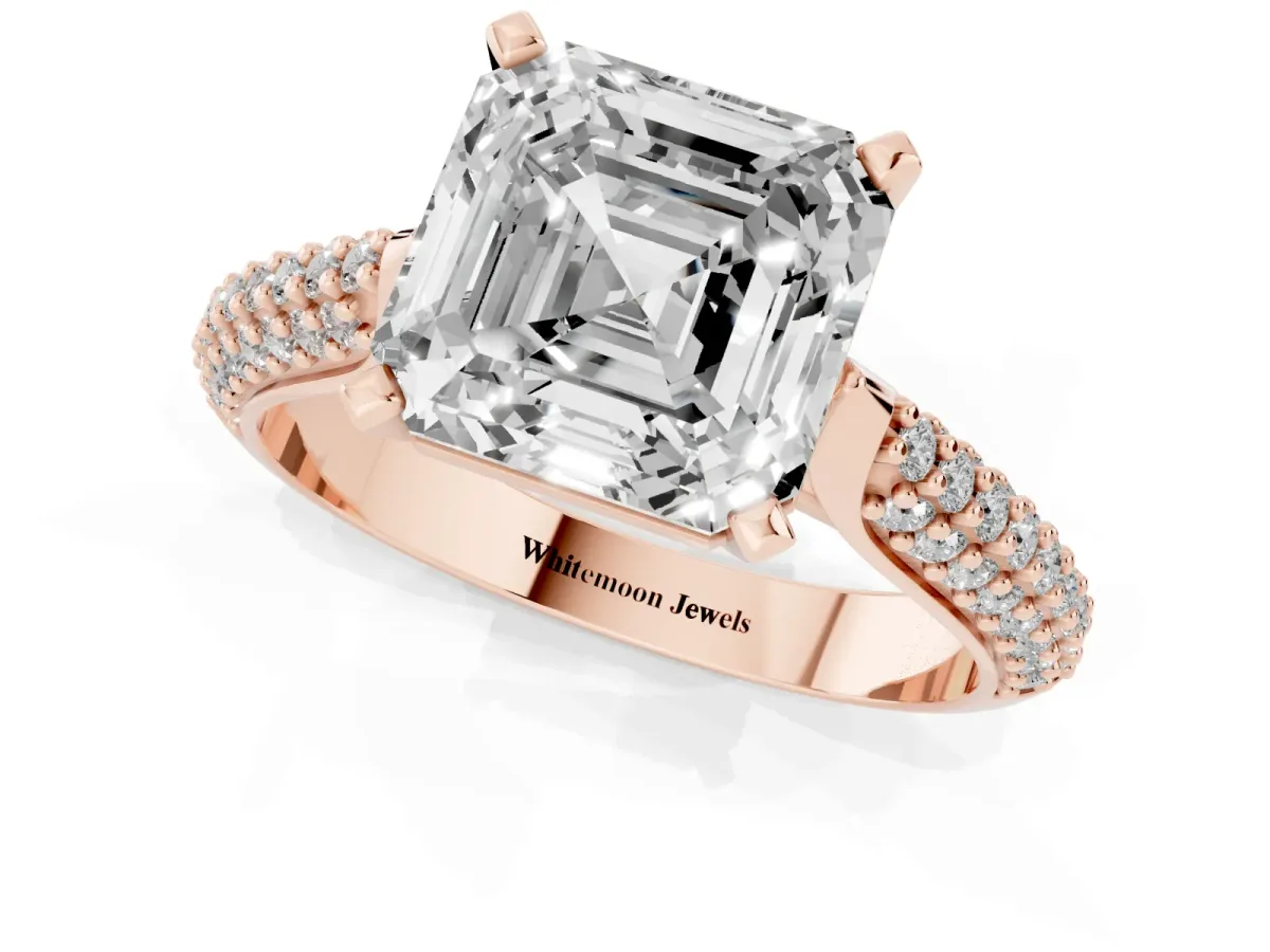 Asscher Cut Diamond Solitaire Engagement Ring with Multi-Row Round Pavé Band and Prong Setting Rose gold