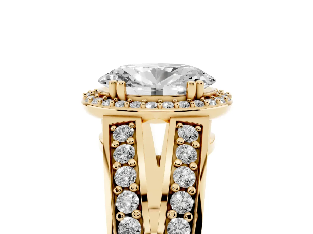 Oval Cut Diamond Halo Ring with Split Shank Pavé Band and Four-Prong Setting Yellow gold