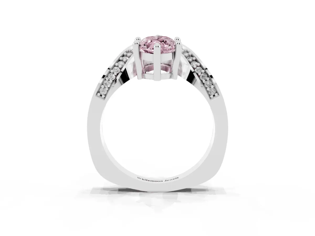 Fancy Pink Marquise Cut Solitaire Diamond Engagement Ring with Pave Band and Four-Prong Setting White gold
