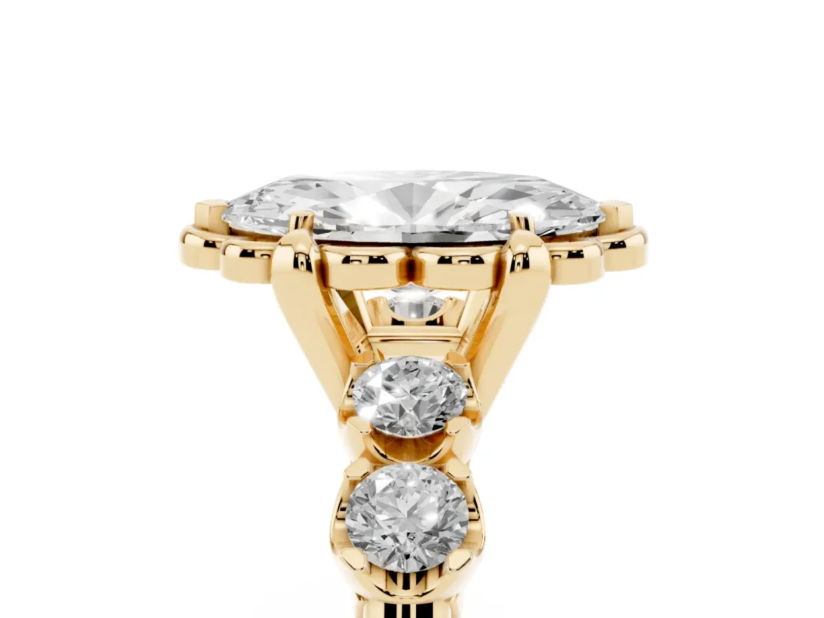 Marquise Cut Cut Diamond Floral Halo Engagement Ring with Shared Prong Setting Yellow gold