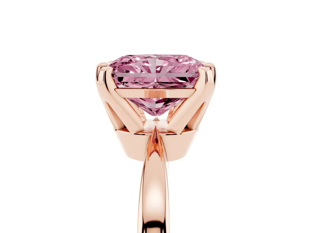Fancy Pink Radiant Cut Solitaire Engagement Ring with Six-Prong Setting and Tapered Band Rose gold