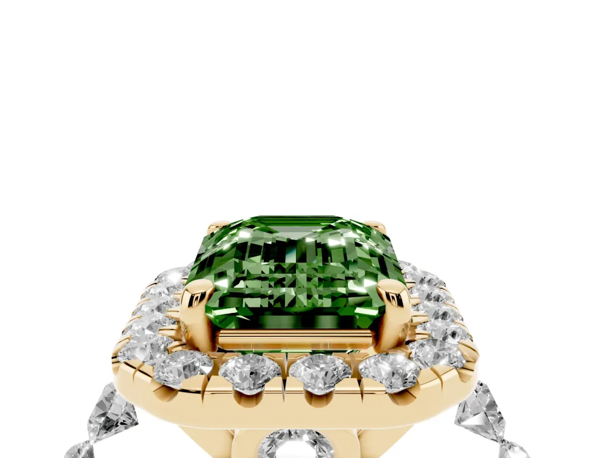 Fancy Green Emerald Cut Halo Pavé Diamond Engagement Ring with Four-Prong Setting Yellow gold
