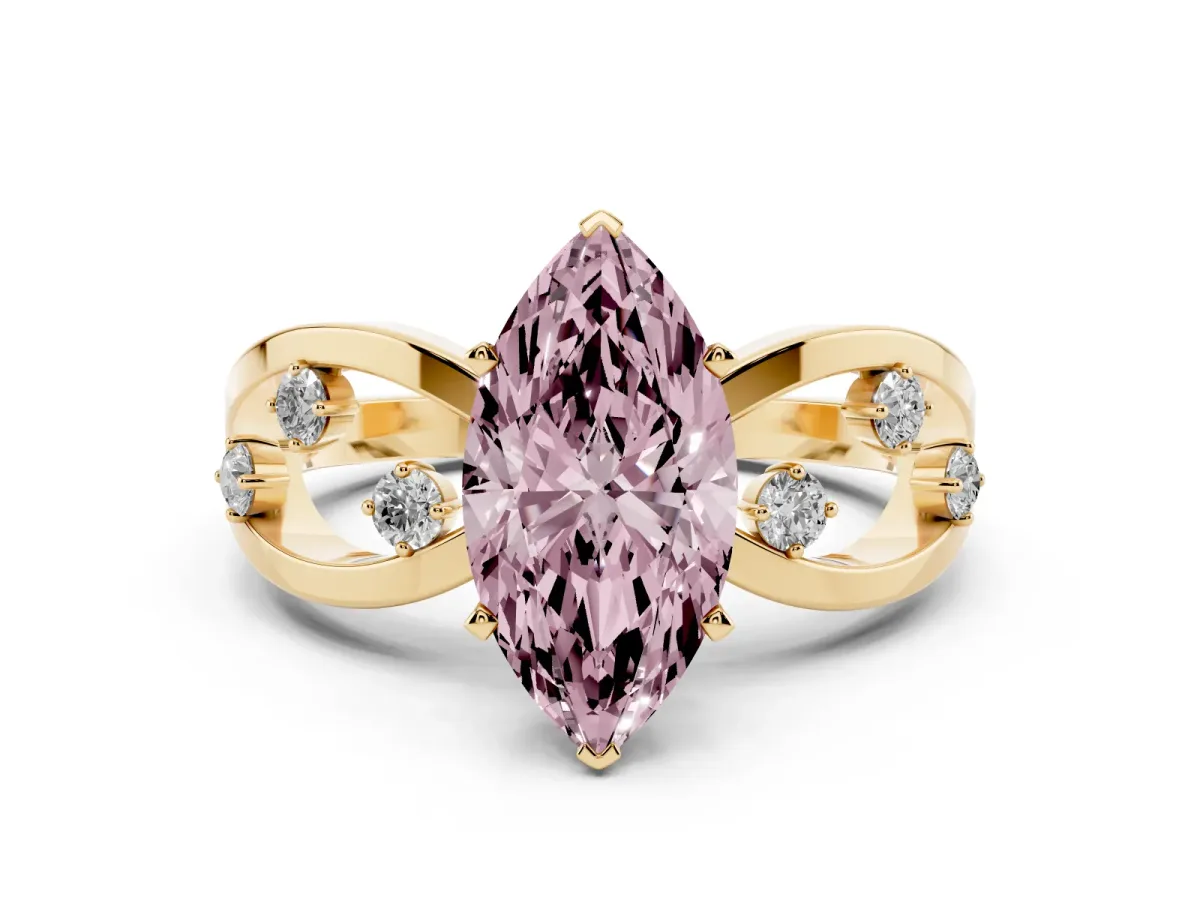Fancy Pink Marquise Cut Cut Solitaire Diamond with Side Stones on Criss-Cross Band and Four-Prong Setting Yellow gold