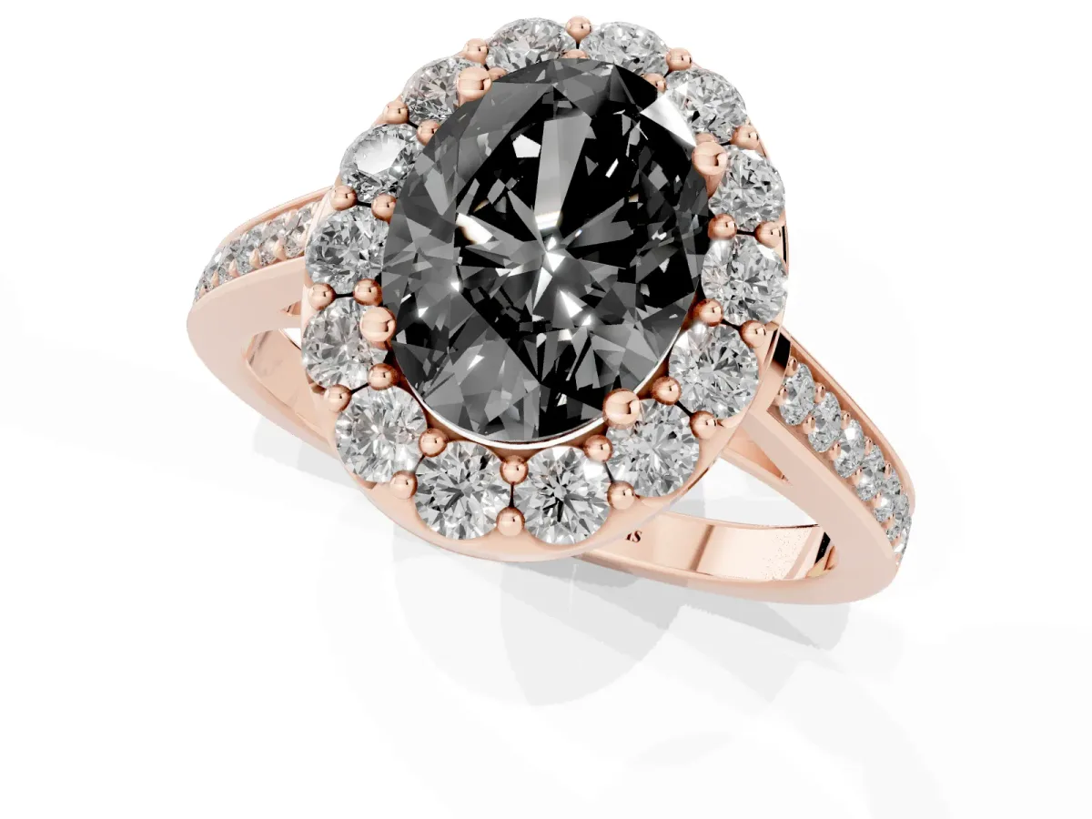 Fancy Black Oval Cut Diamond Floral Halo Ring with Pavé Band and Prong Setting Rose gold