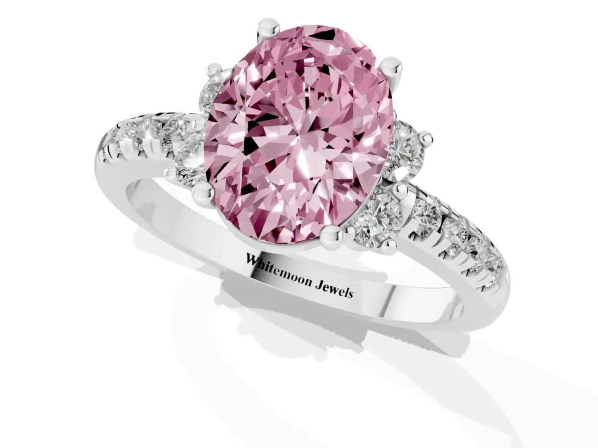 Fancy Pink Oval Cut Diamond Three-Stone Pave Band with Four-Prong Setting Silver