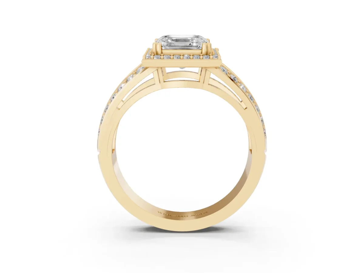 Asscher Cut Diamond Halo Ring with Split Shank Pavé Band and Four-Prong Setting Yellow gold