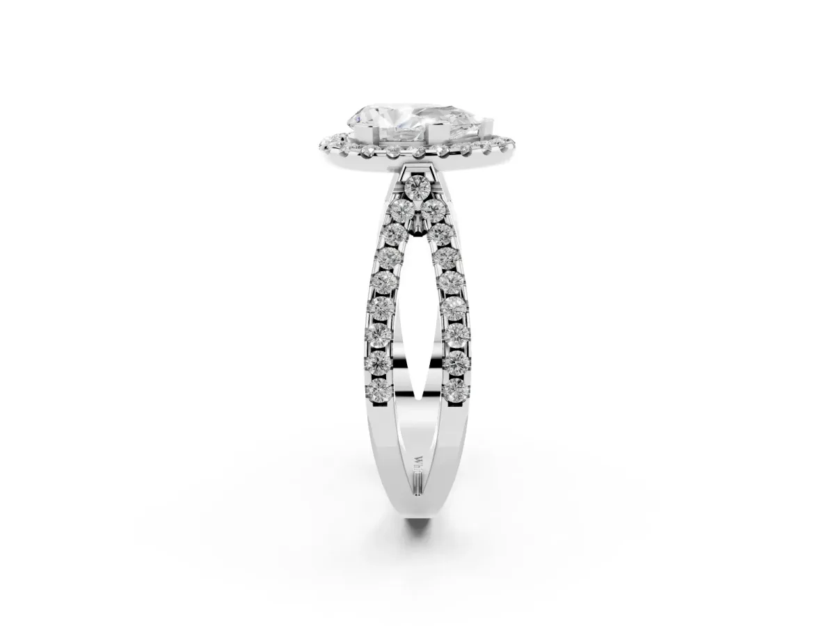 Pear Cut Diamond Halo Ring with Split Shank Pavé Band and Prong Setting Silver