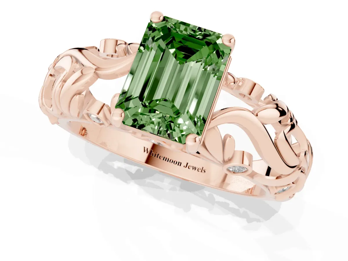 Fancy Green Emerald Cut Solitaire Diamond Leaf-Inspired Vine Band Ring with Prong Setting Rose gold