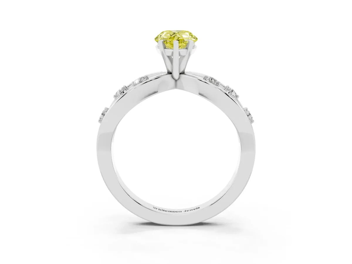 Fancy Yellow Pear Cut Cut Solitaire Diamond with Side Stones on Criss-Cross Band and Four-Prong Setting Silver