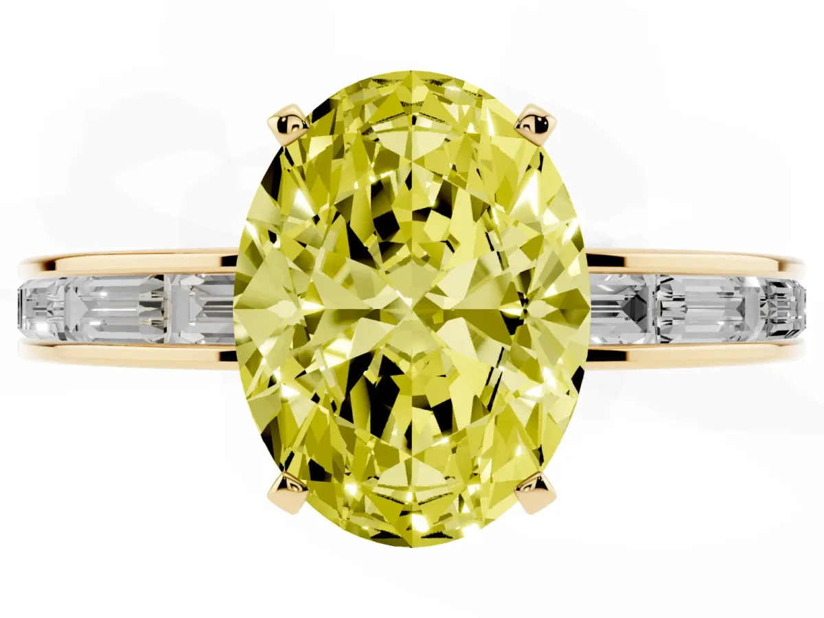 Fancy Yellow Oval Cut Solitaire Diamond Ring with Channel-Set Baguette Band and Four-Prong Setting Yellow gold