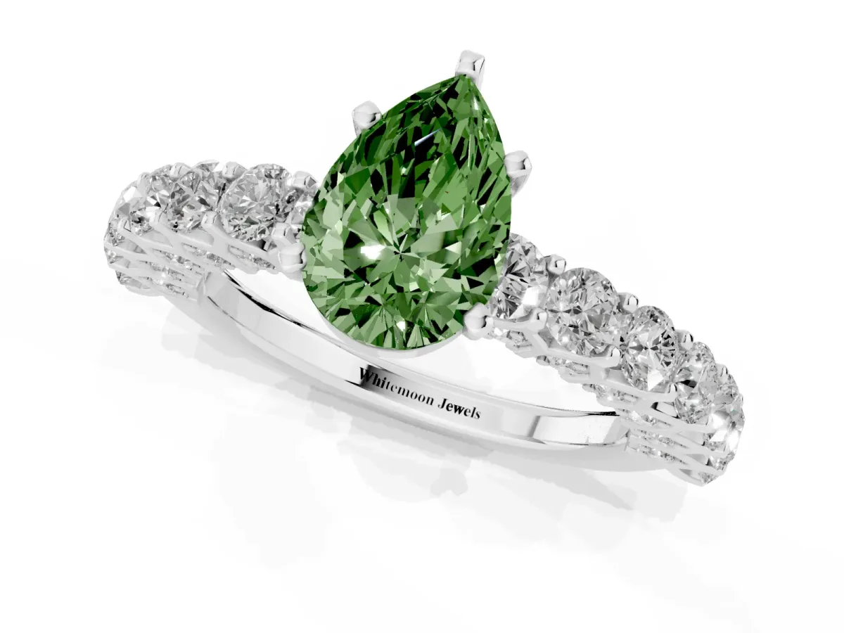 Fancy Green Pear Cut Diamond Solitaire Ring with Shared Prong Pavé Band and Four-Prong Setting Silver