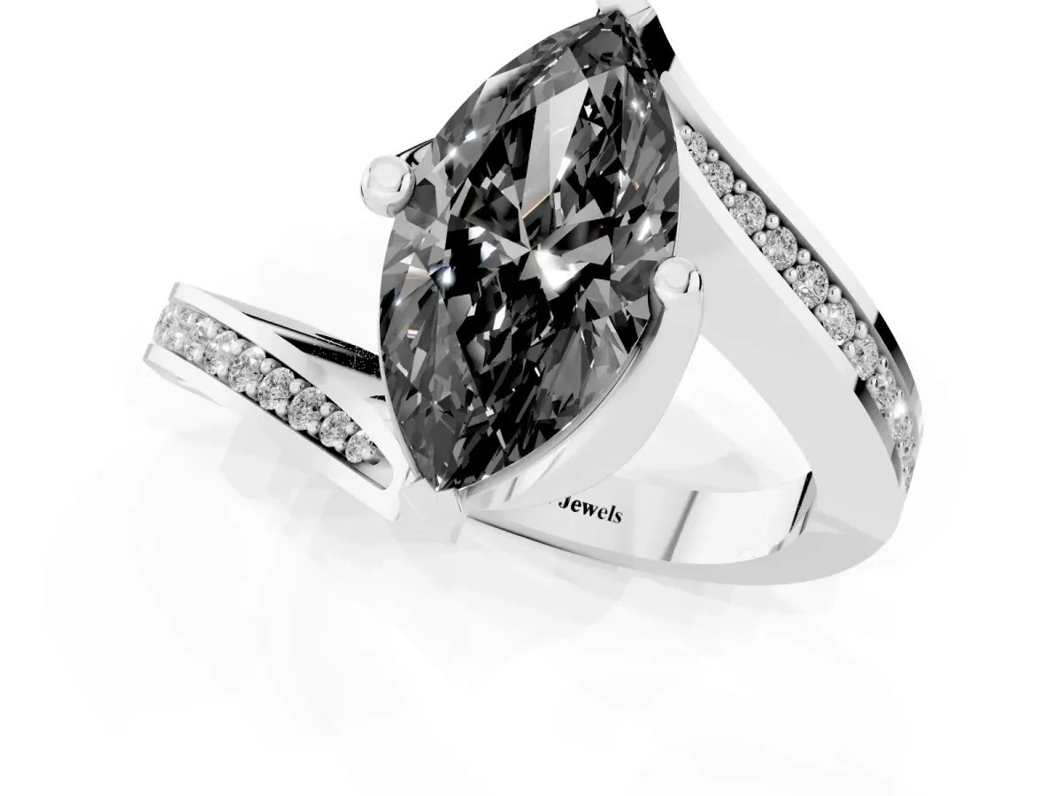 Fancy Black Marquise Cut Solitaire Diamond Twist Band with Pavé Setting and Four-Prong Setting Platinum