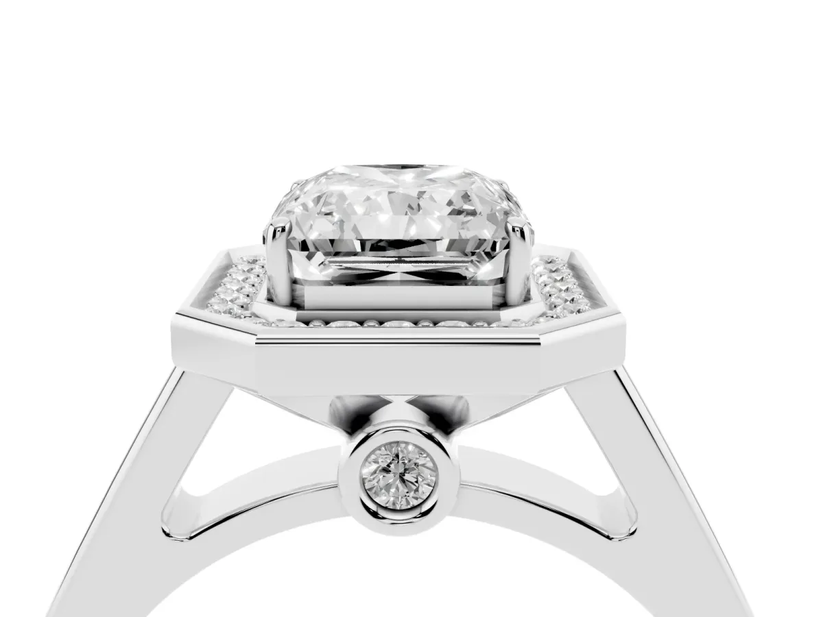 Emerald Cut Halo Solitaire Diamond Ring with Pave Band and Bezel Setting Silver