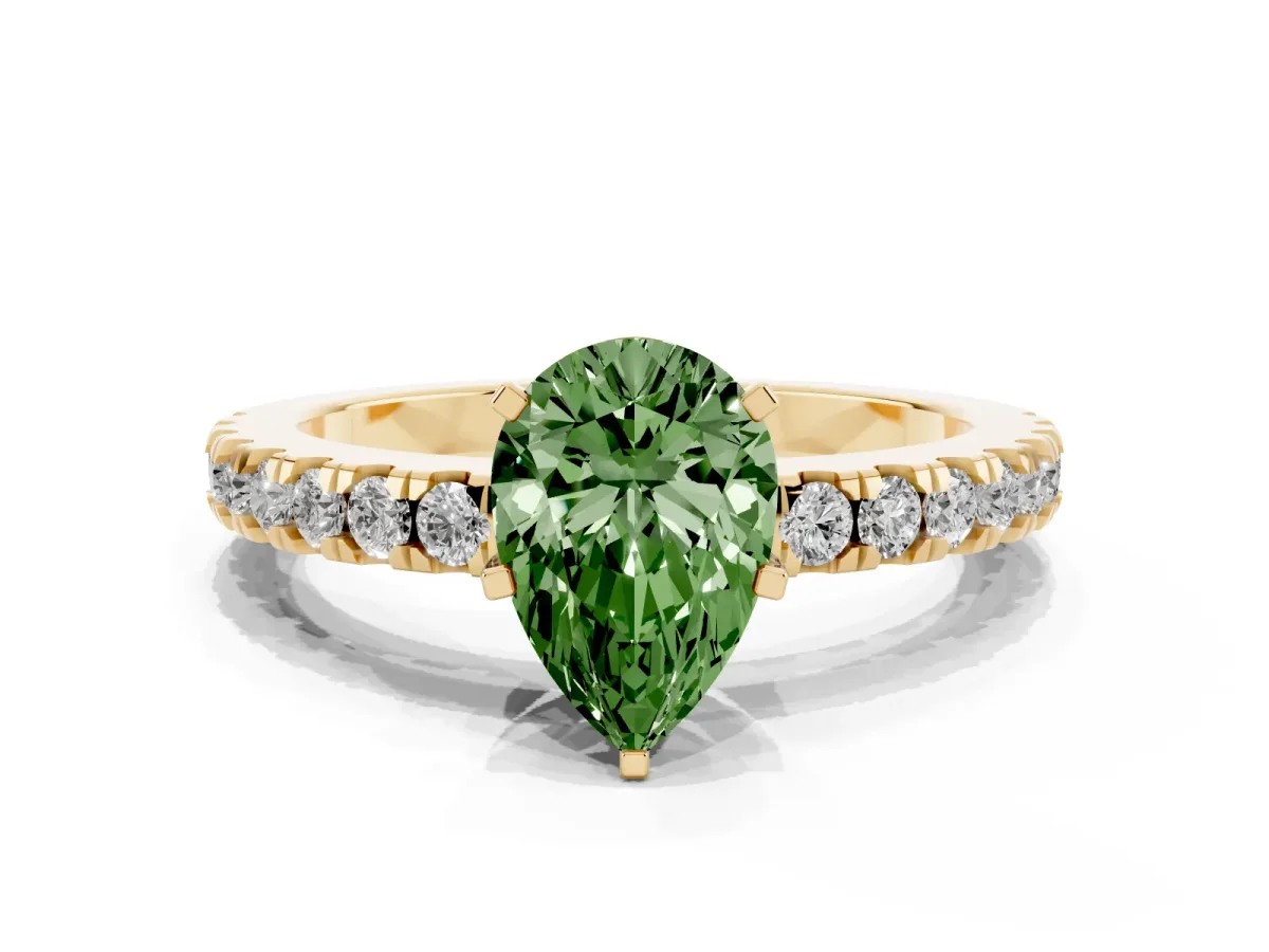 Fancy Green Pear Cut Solitaire Diamond with Pavé Band and Four-Prong Setting Yellow gold