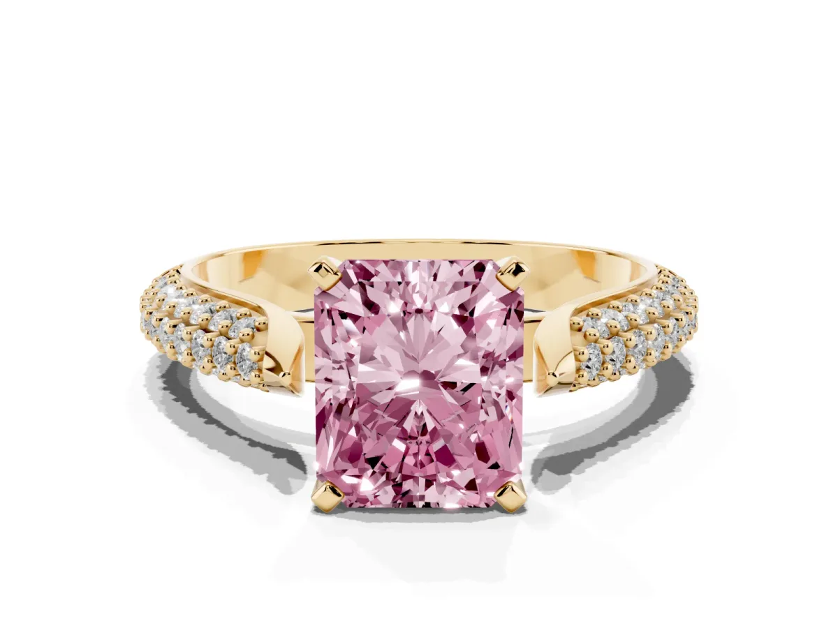 Fancy Pink Radiant Cut Diamond Solitaire Engagement Ring with Multi-Row Round Pavé Band and Prong Setting Yellow gold
