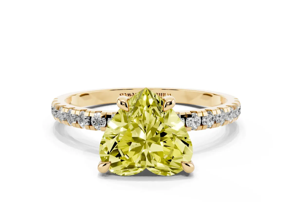 Fancy Yellow Heart Cut Diamond Brilliant Solitaire Ring with Pavé Band and Four-Prong Setting Yellow gold
