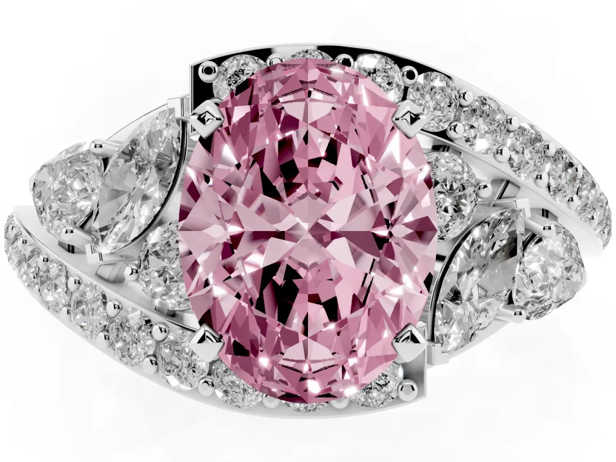 Fancy Pink Oval Cut Diamond Halo Ring with Marquise and Pavé Band in Prong Setting White gold