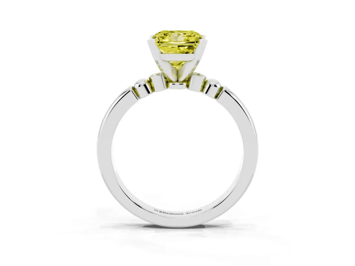 Fancy Yellow Princess Cut Solitaire Beaded Band with Four-Prong Setting Platinum