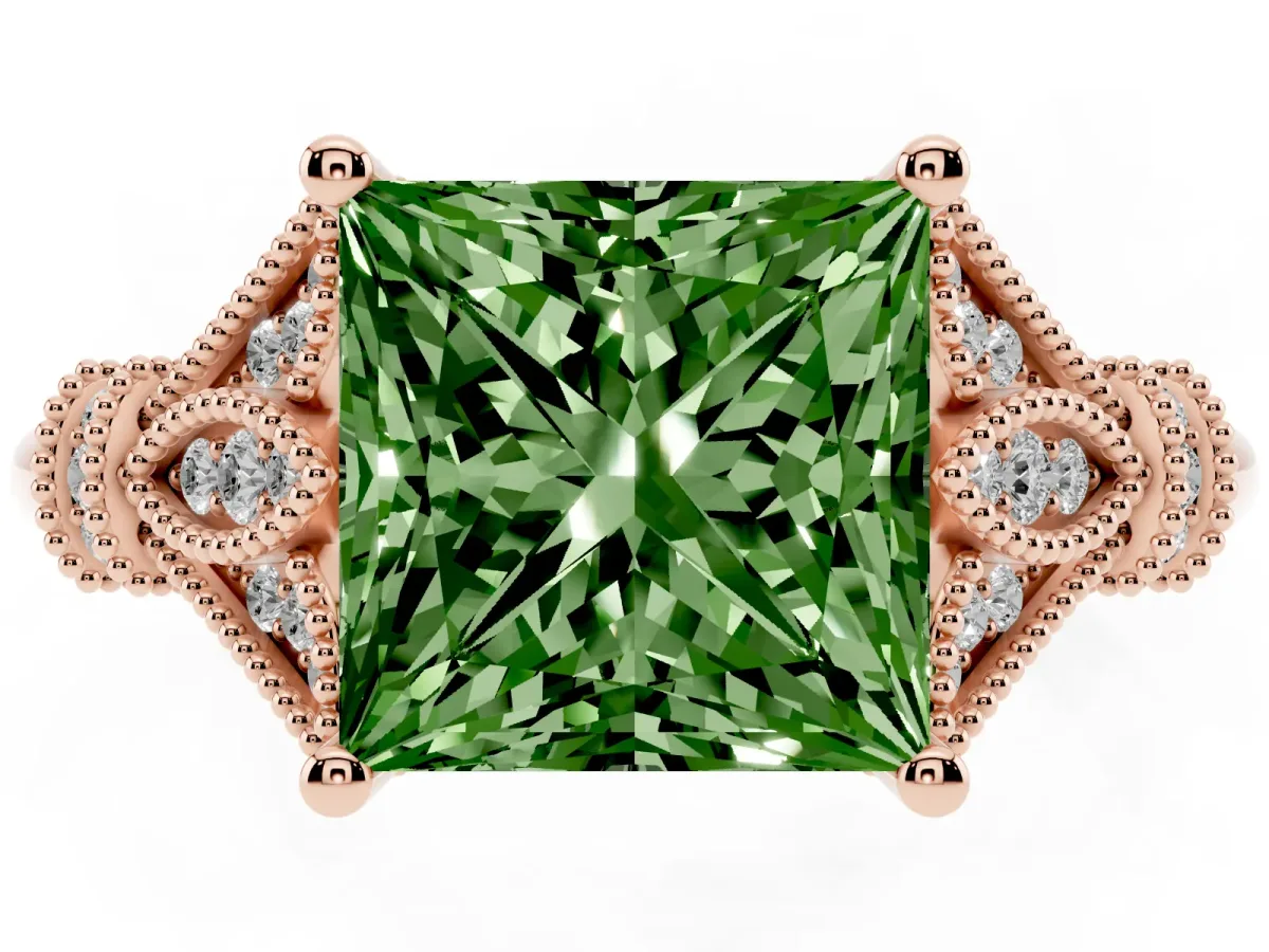 Fancy Green Princess Cut Diamond Solitaire Ring with Floral Filigree and Pave Accents Rose gold