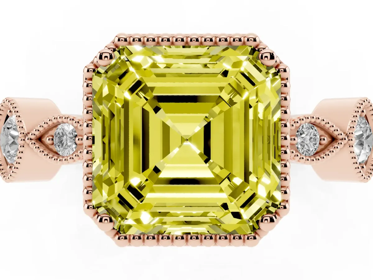 Fancy Yellow Asscher Cut Diamond Vintage Milgrain Ring with Round Stations Rose gold
