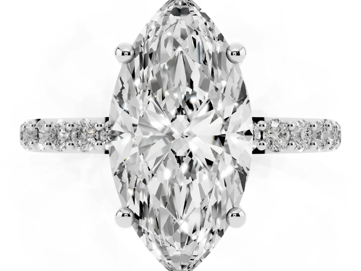 Marquise Cut Diamond Solitaire Ring with Round Pavé Band and Prong Setting Silver