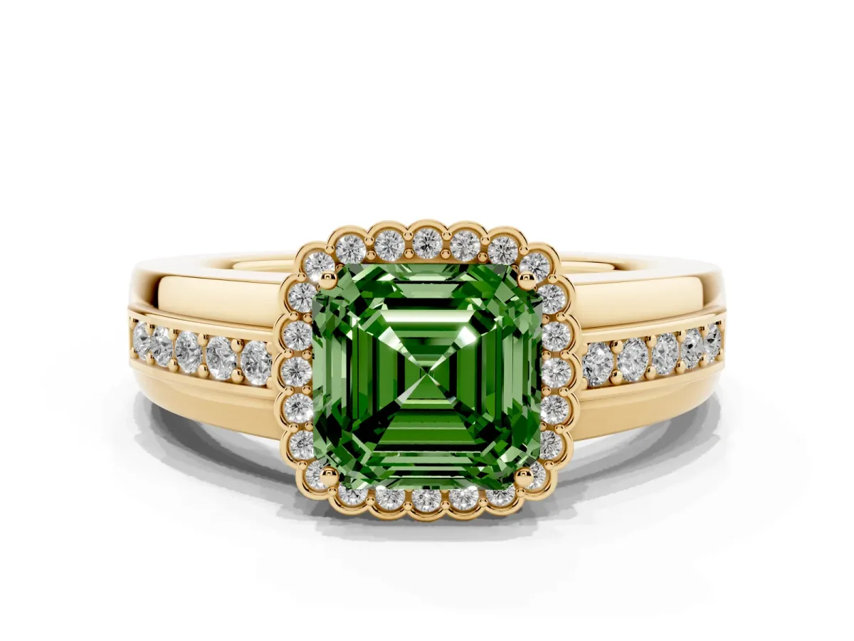 Fancy Green Asscher Cut Cut Halo Pave Band Four-Prong Ring Yellow gold
