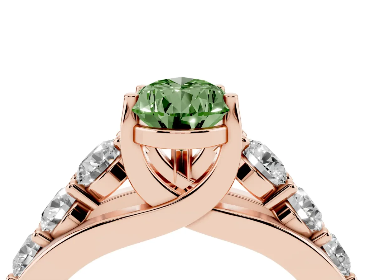 Fancy Green Pear Cut Diamond Engagement Ring with Pavé Band and Four-Prong Setting Rose gold