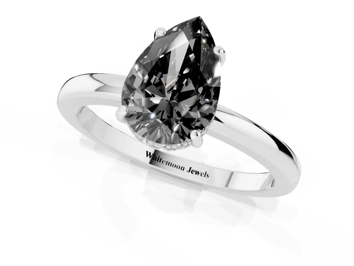 Fancy Black Pear Cut Solitaire Diamond Ring with Prong Setting and Plain Band Silver