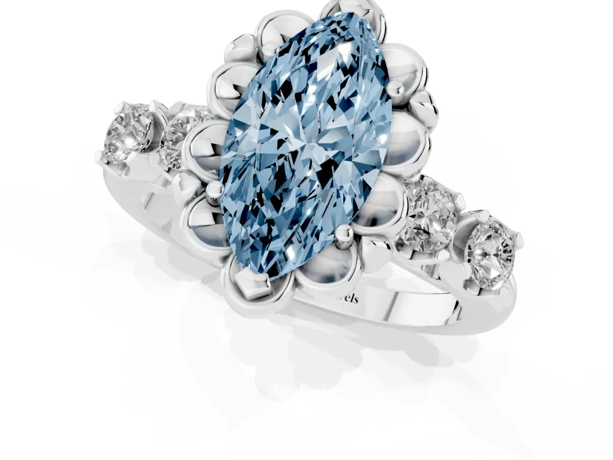Fancy Blue Marquise Cut Cut Diamond Floral Halo Engagement Ring with Shared Prong Setting Silver