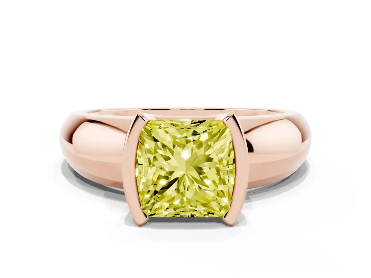 Fancy Yellow Princess Cut Solitaire Tension Set Diamond Ring with Wide Band Rose gold