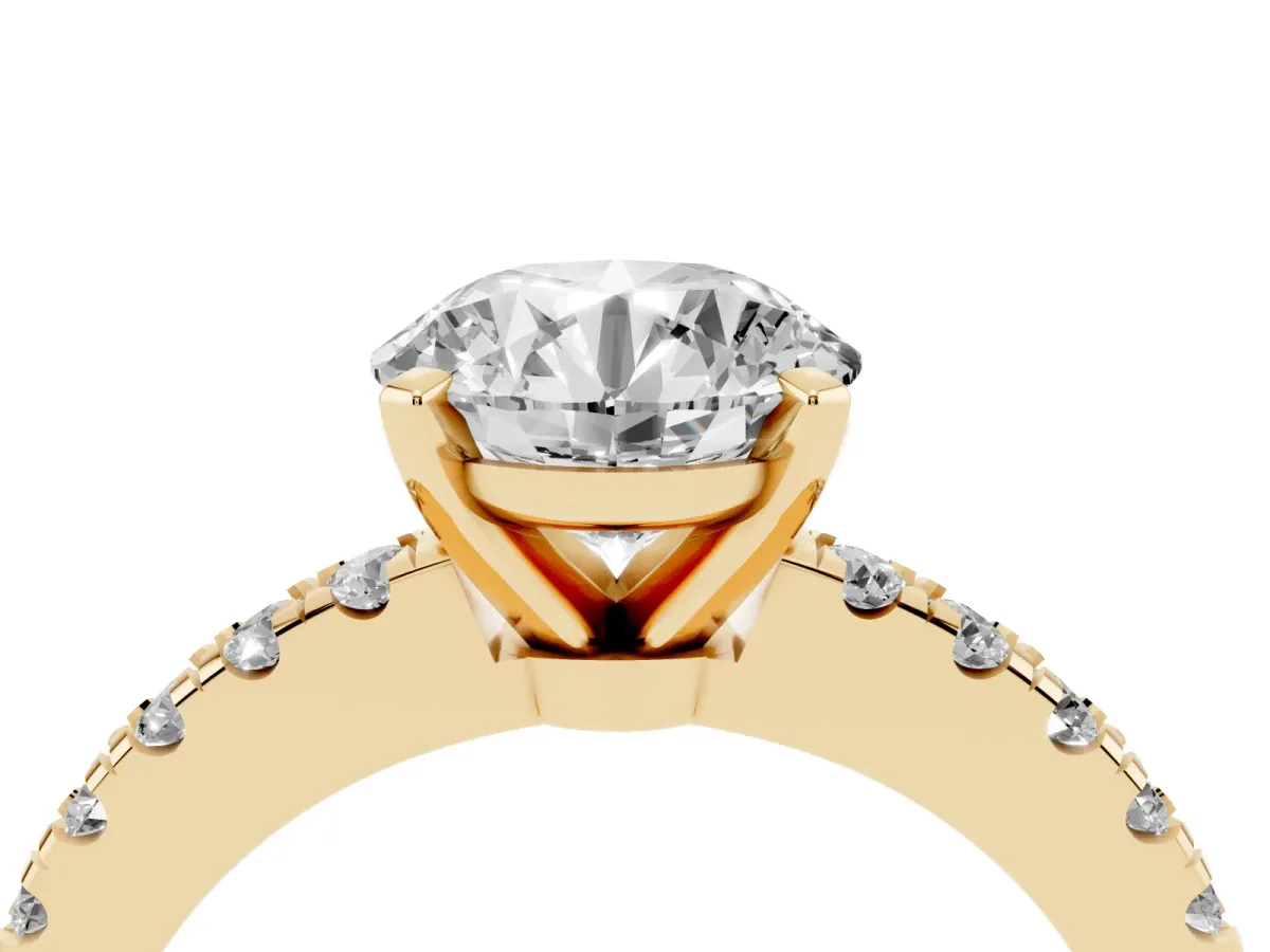Round Cut Solitaire Diamond with Pavé Band and Four-Prong Setting Yellow gold