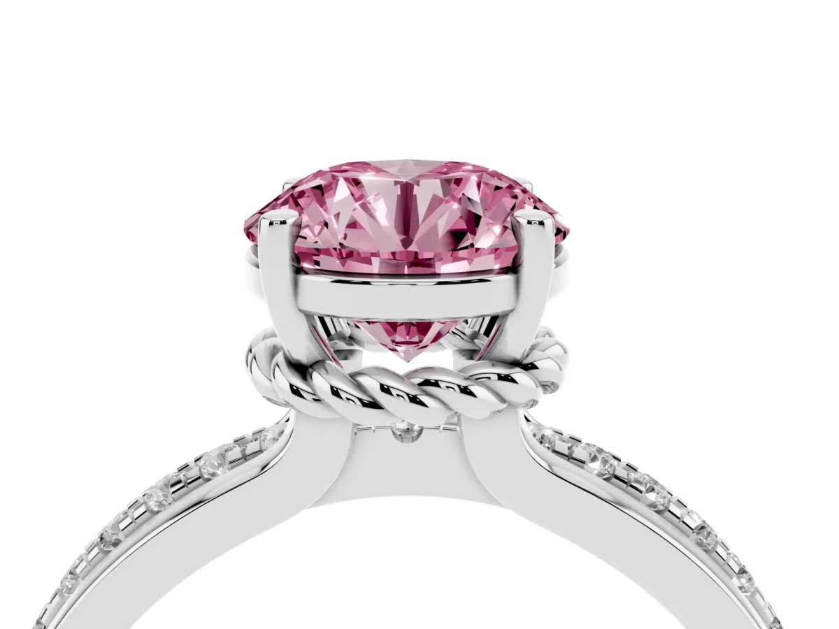 Fancy Pink Round Cut Solitaire Diamond Ring with Channel Set Band and Six-Prong Setting Silver