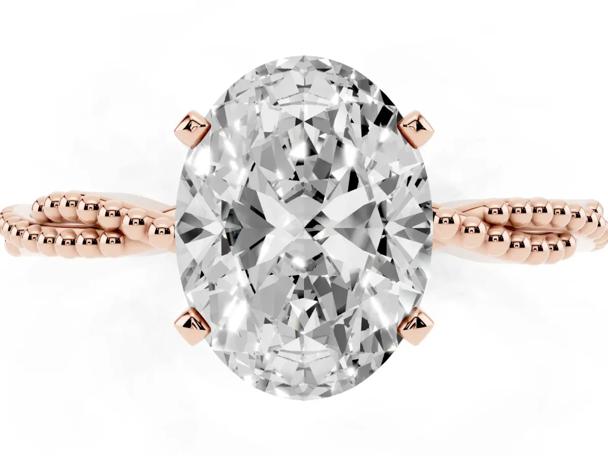 Oval Cut Solitaire Twisted Band with Bead Prong Setting Rose gold