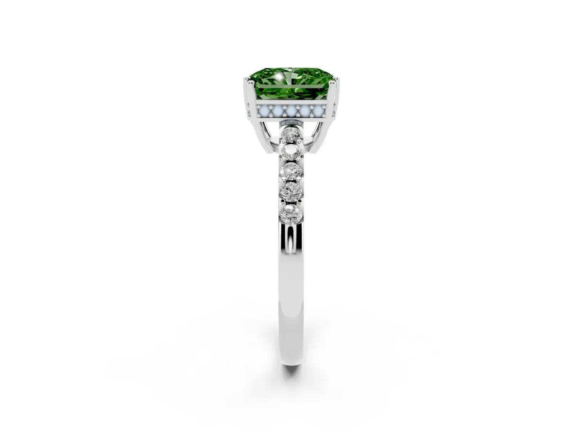 Fancy Green Radiant Cut Solitaire Diamond Engagement Ring with Pavé Band and Six-Prong Setting Platinum