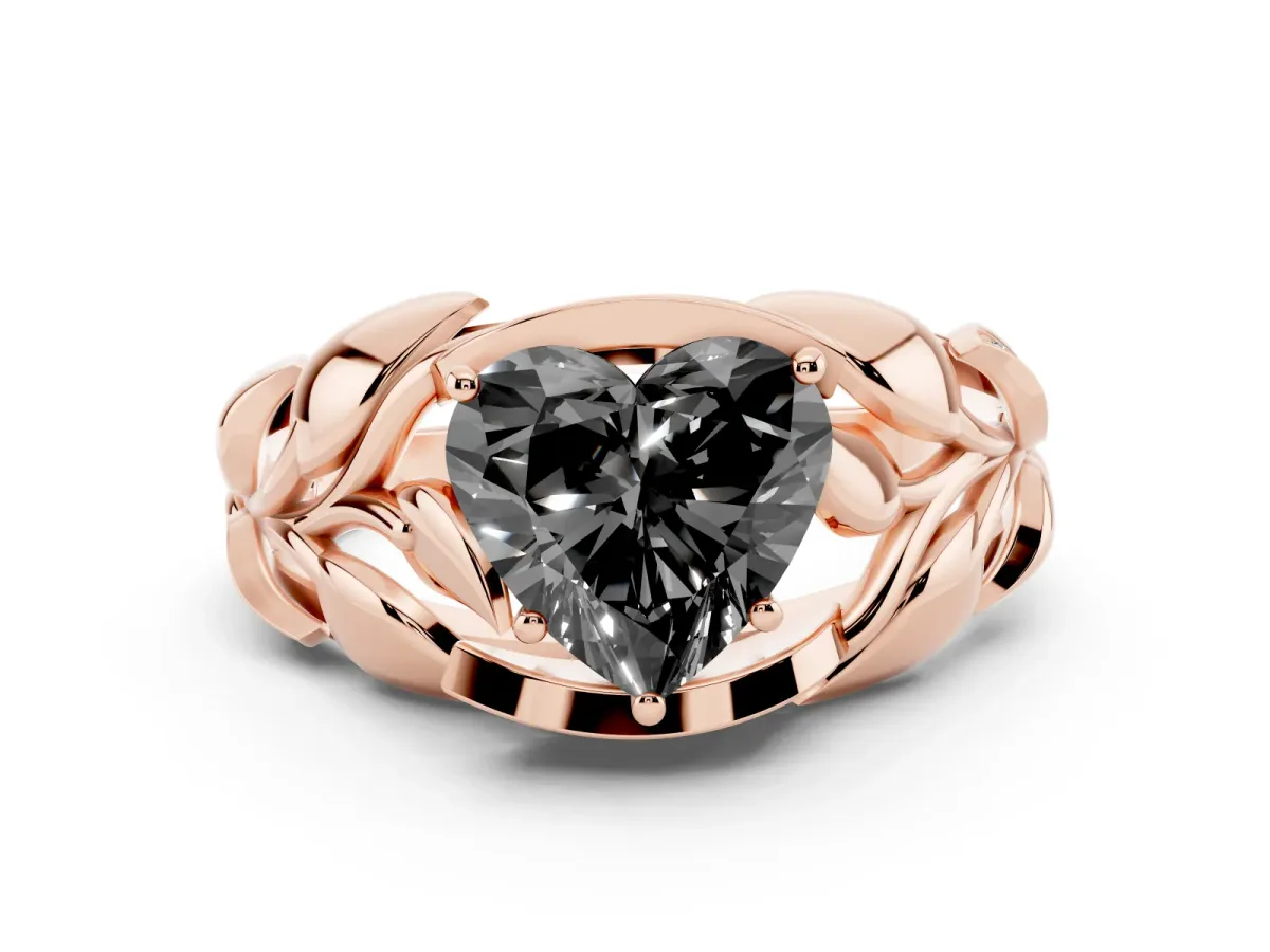 Fancy Black Heart Cut Diamond Leaf-Inspired Engagement Ring with Round Accents and Prong Setting Rose gold