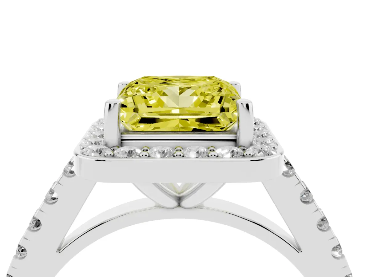 Fancy Yellow Princess Cut Diamond Halo Ring with Round Pavé Split Shank and Prong Setting Silver