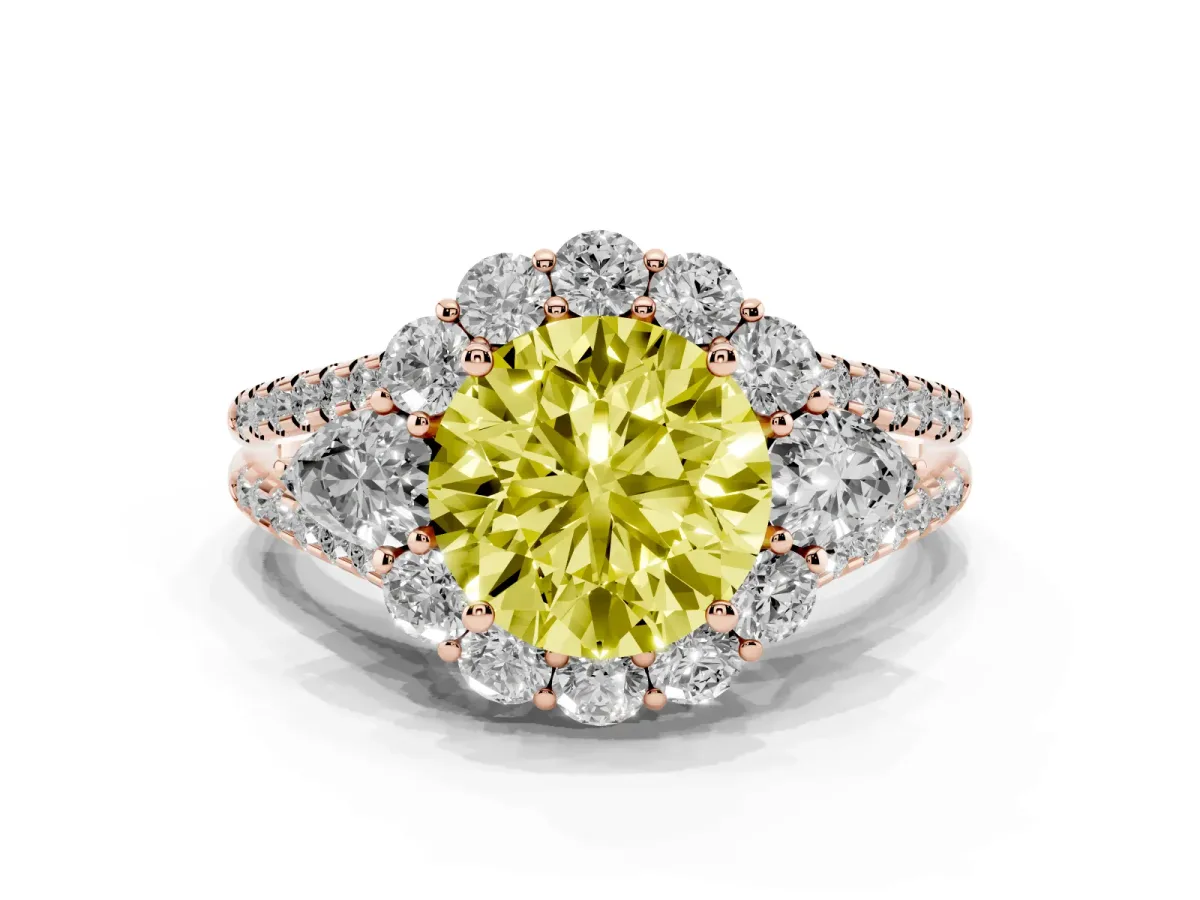 Fancy Yellow Round Cut Halo Split Shank Diamond Engagement Ring with Prong Setting Rose gold