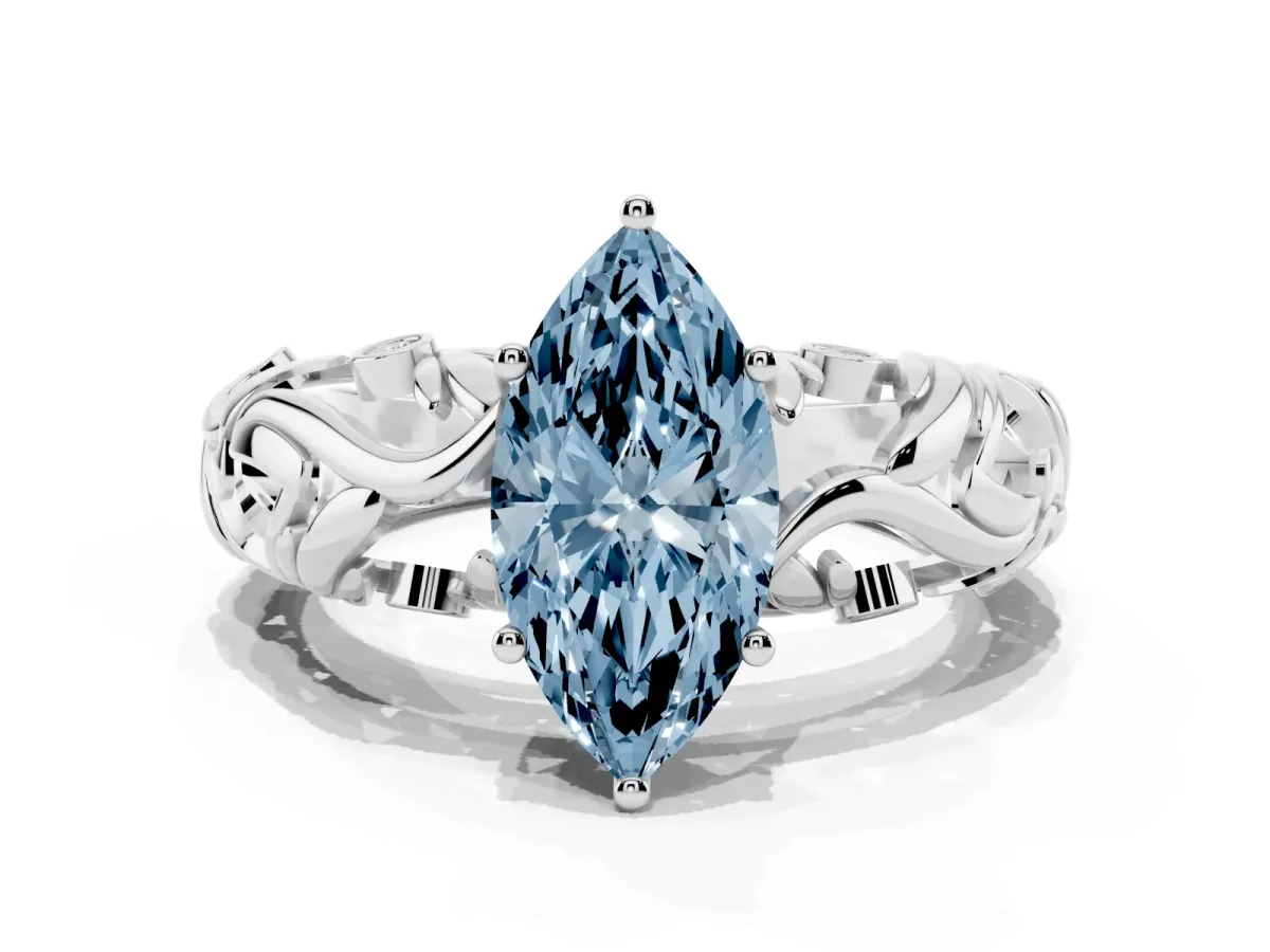 Fancy Blue Marquise Cut Solitaire Diamond Leaf-Inspired Vine Band Ring with Prong Setting Silver