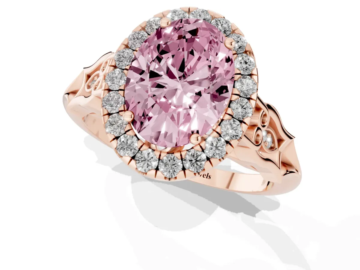 Fancy Pink Oval Cut Halo Diamond Engagement Ring with Filigree Band and Four-Prong Setting Rose gold