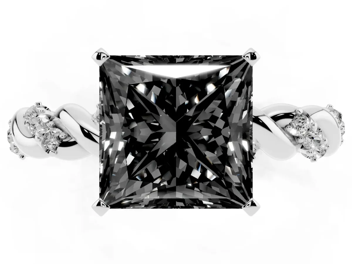 Fancy Black Princess Cut Diamond Solitaire Ring with Twisted Band and Pavé Accents Silver
