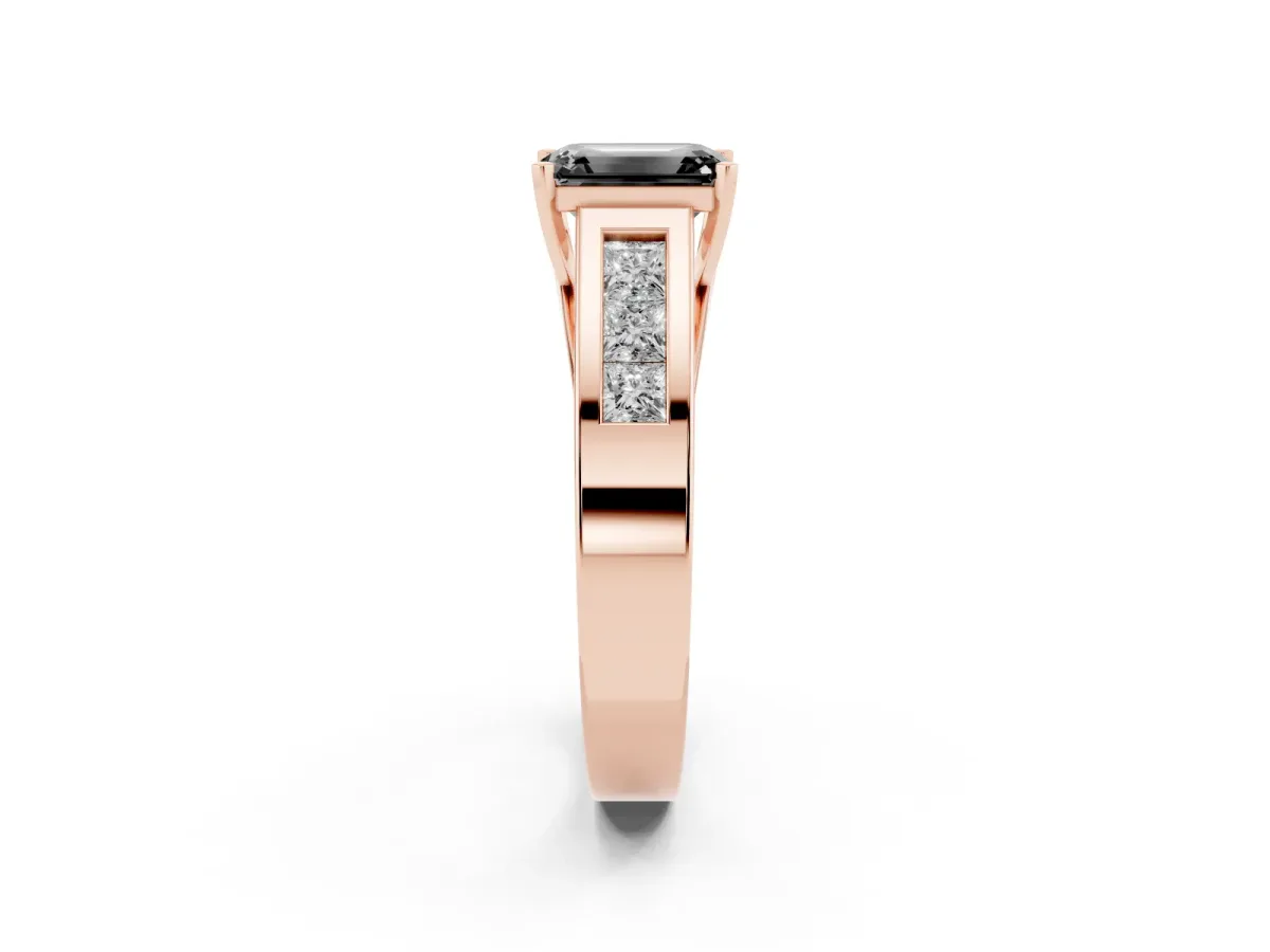 Fancy Black Emerald Cut Cut Channel Set Solitaire Ring with Four-Prong Setting Rose gold