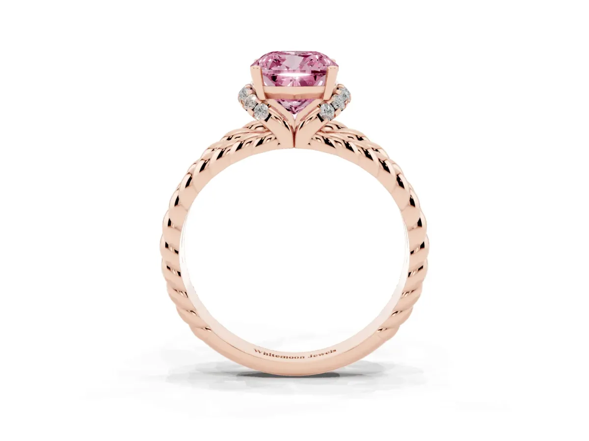 Fancy Pink Cushion Cut Halo Twisted Band Four-Prong Ring Rose gold