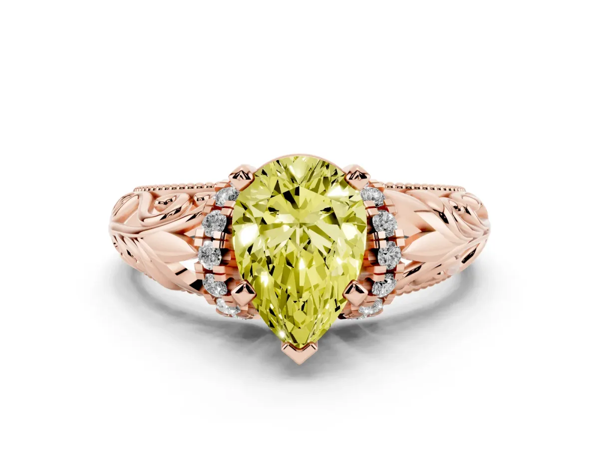 Fancy Yellow Pear Cut Solitaire Filigree Engagement Ring with Halo and Prong Setting Rose gold
