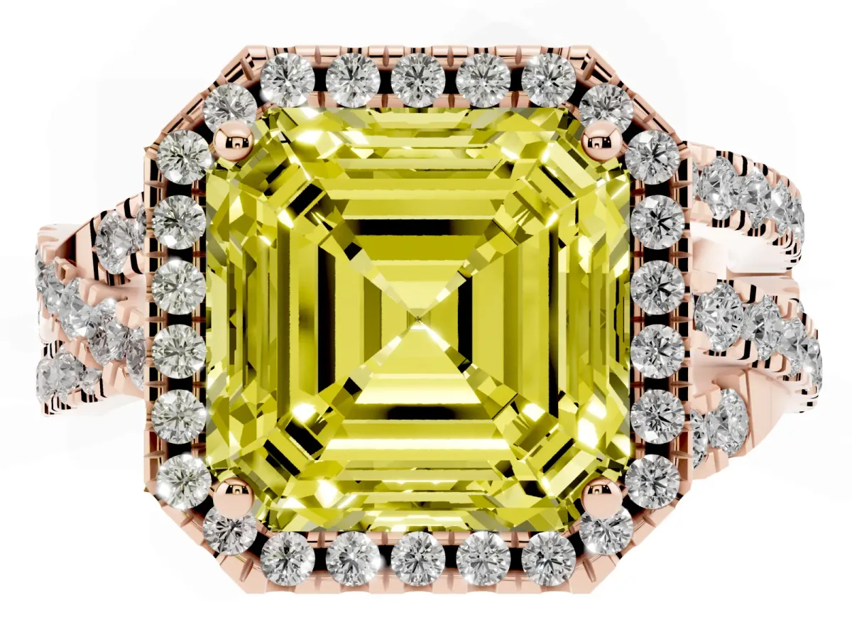 Fancy Yellow Asscher Cut Diamond Halo Ring with Round Split Shank and Prong Setting Rose gold