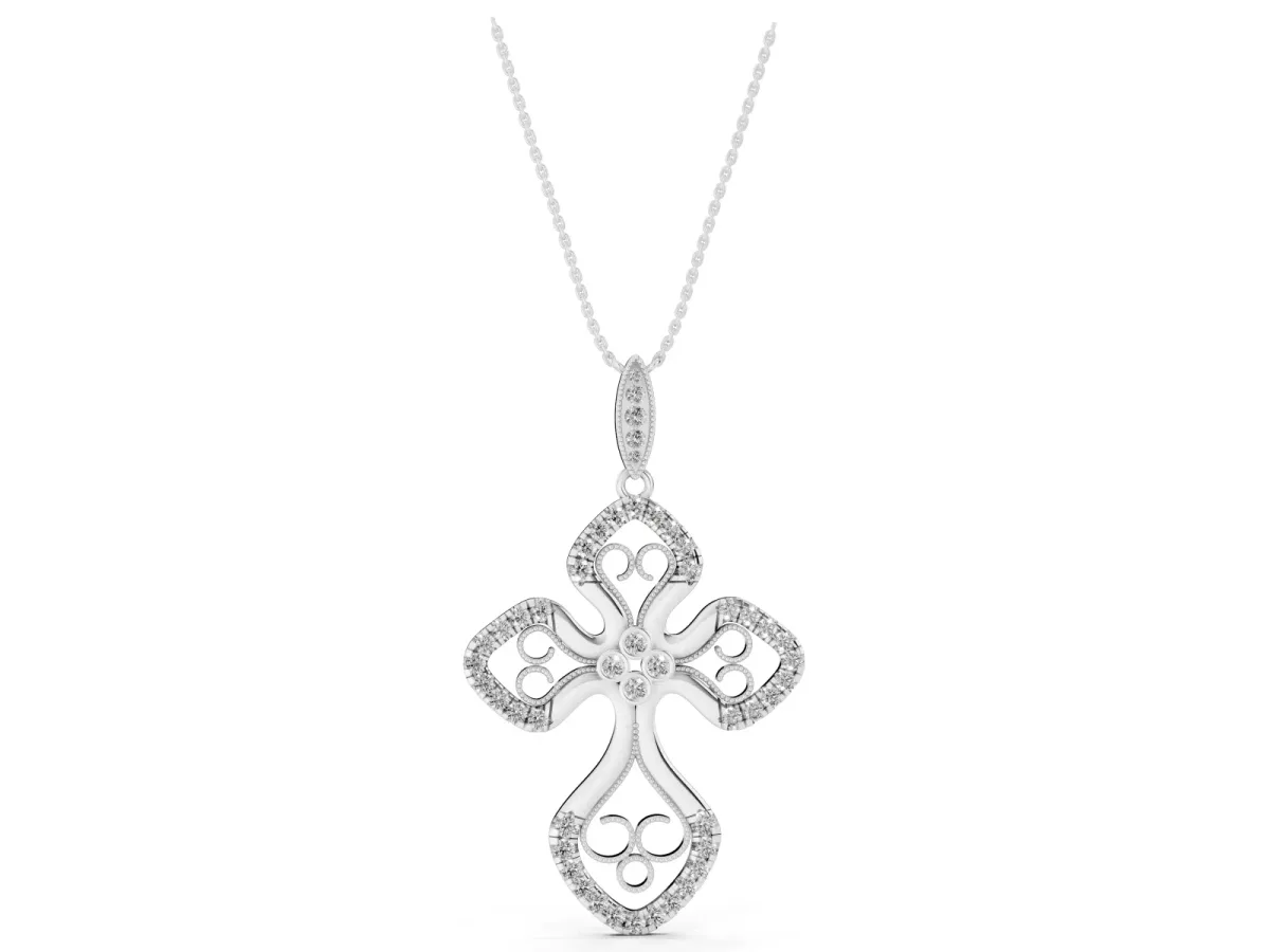 Diamond Pavé Round Milgrain Cross Pendant Silver
